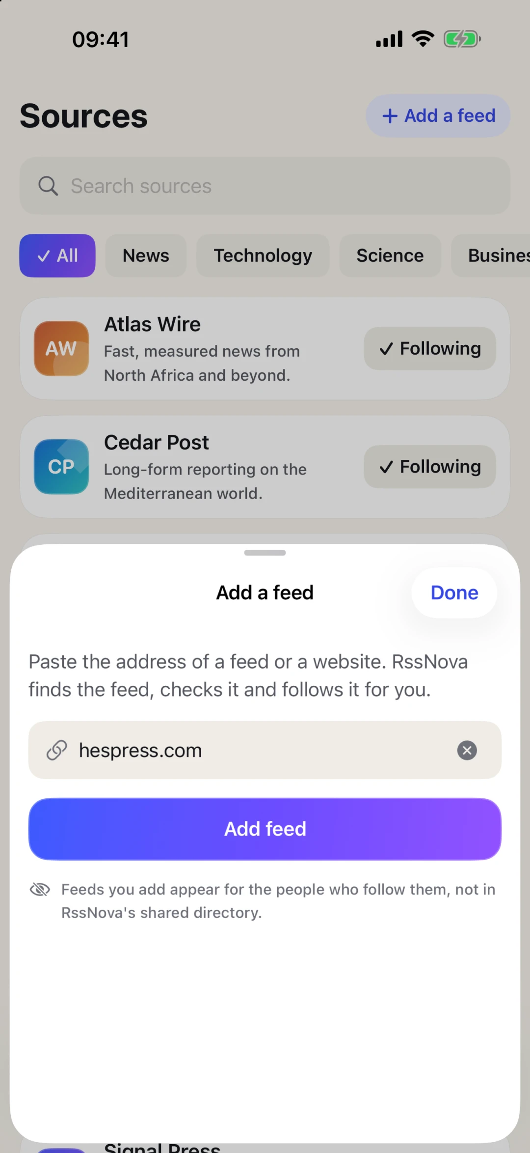 The Add a feed sheet with hespress.com pasted in