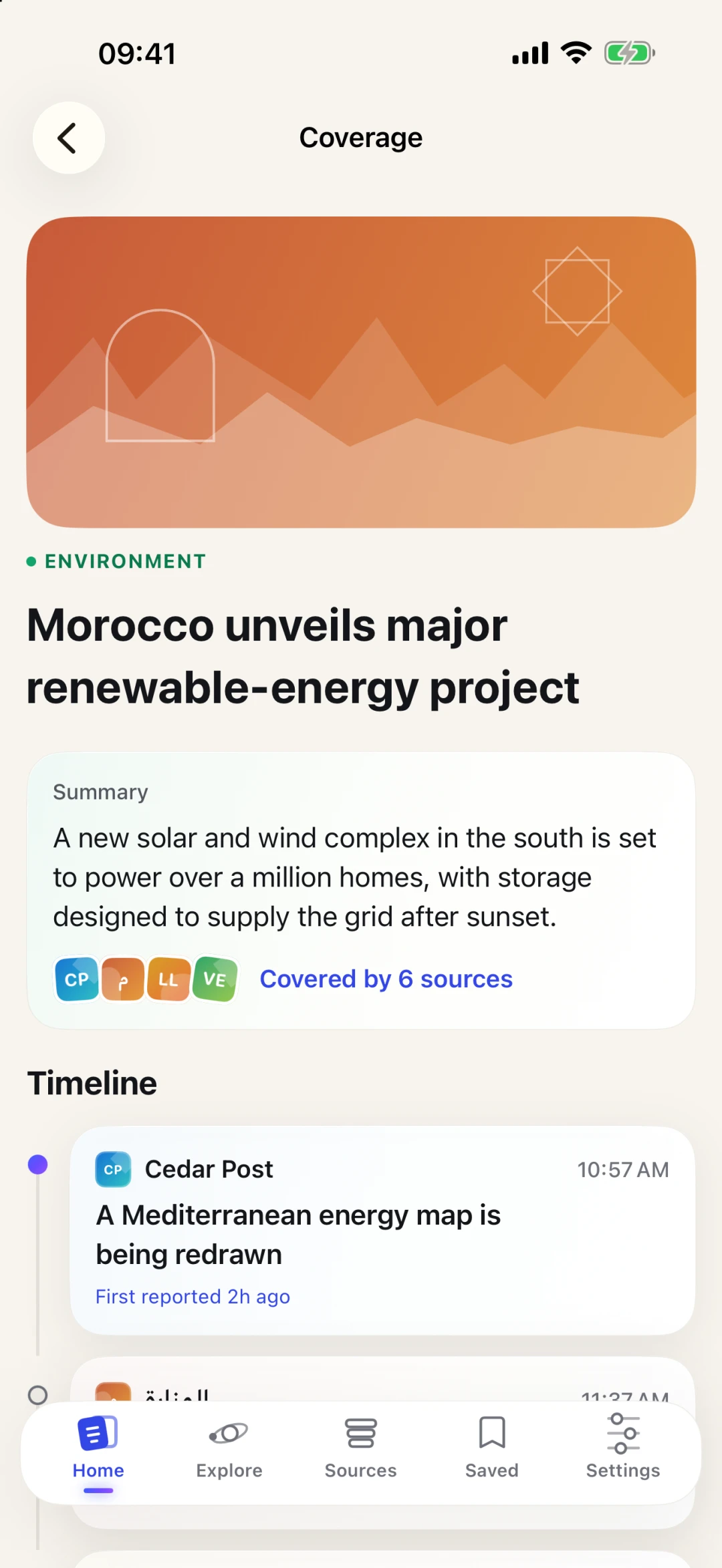 The Coverage screen, listing six outlets on one timeline